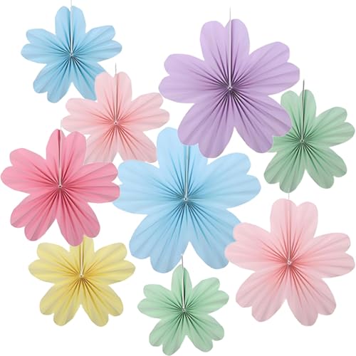 9Pcs Paper Flowers Decorations Hanging Fan Decor for Party Birthday