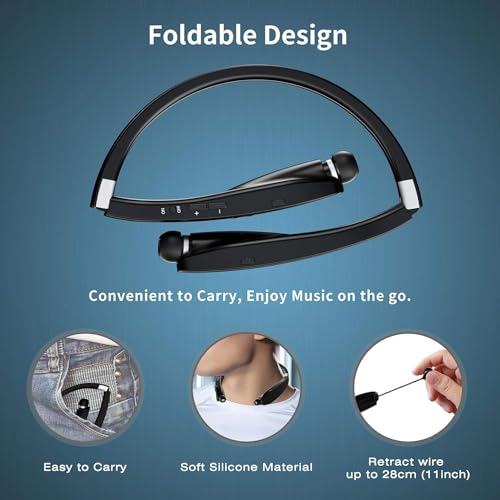 Image of AMORNO Foldable Bluetooth In Ear Headphones Wireless Neckband Headset with Retractable Earbuds, Sports Sweatproof Noise Cancelling Stereo Earphones with Mic