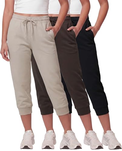 Image of Real Essentials 3 Pack: Women's Fleece Capri Joggers Athletic Lounge Gym Running Sweatpants with Pockets (Available in Plus)
