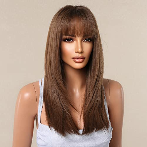 Testar Brown Wigs For Black Wome Medium Length Dark Brown Wig Layered Straight Wigs With Bangs Synthetic Wig Natural Looking Wig For Daily Use #TOP2