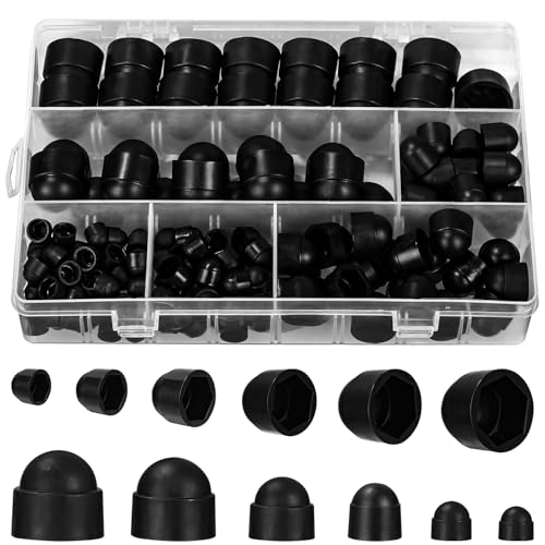160 Stück Abdeckkappen für Muttern, Kunststoff Dome Mutternschutzkappen, M4 M5 M6 M8 M10 M12 Schraubenkappen Sechskant Schraubenabdeckung, Innensechskant hutmuttern Schwarz