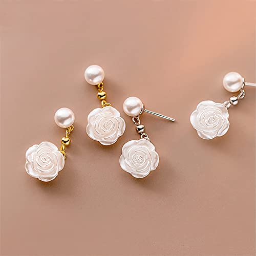 Reffeer Solid 925 Sterling Silver Flower Drop Earrings Dangle for Women Teen Girls Imitation Pearl Drop Earrings Flower for Wedding4