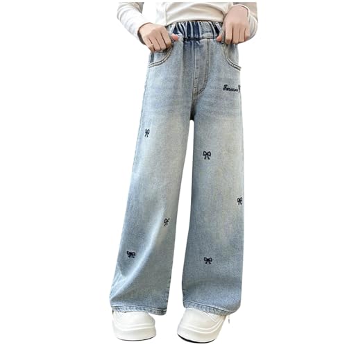 Girls Bow Print Jeans High Waisted Straight Wide Leg Denim Pants Trendy Boyfriend Jeans with Pockets