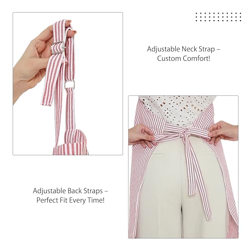 Image of Encasa XO Cotton Cooking kitchen Apron for Women and Men chef apron With adjustable neckstrap, Pocket & Towel Holder for Easy cooking, Baking, BBQ, Gardening- Ticking Red, 68x85 cm