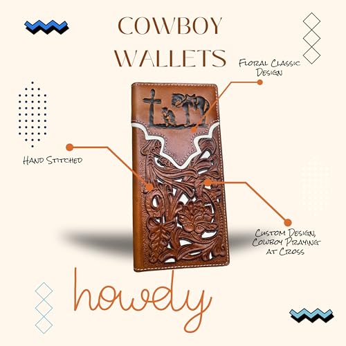 Men’s Long Leather Wallet – Embossed Cowboy Praying at Cross with Laser Cut Floral Design – Christian Rodeo Bifold Wallet for Ranchers, Cowboys & Faith-Based Gifts4