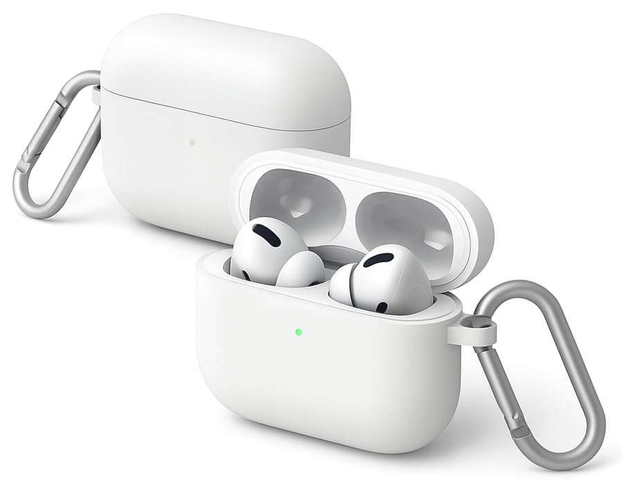 Image of Hybrid Liquid Silicone Case Cover for Apple Airpods Pro 3 (2025), Hard PC, Matte Finish Coating with Heavy Duty Carabiner (White, Liquid Silicone)