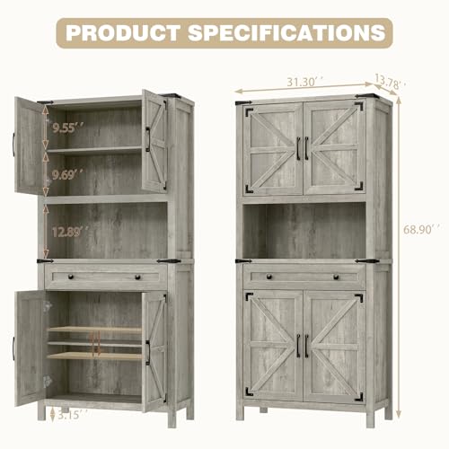 69-Farmhouse-Storage-Cabinet-with-Drawer-6-Tier-Tall-Kitchen-Pantry-Cabinet-Large-Wood-Storage-Cabinet-with-4-Barn-Doors-and-Adjustable-Shelves-Cabinet-with-Storage-for-Living-Room-KitchenGrey 69 Farmhouse Storage Cabinet with Drawer 6 Tier Tall Kitchen Pantry Cabinet Large Wood Storage Cabinet with 4 Barn Doors and Adjustable Shelves Cabinet with Storage for Living Room KitchenGrey