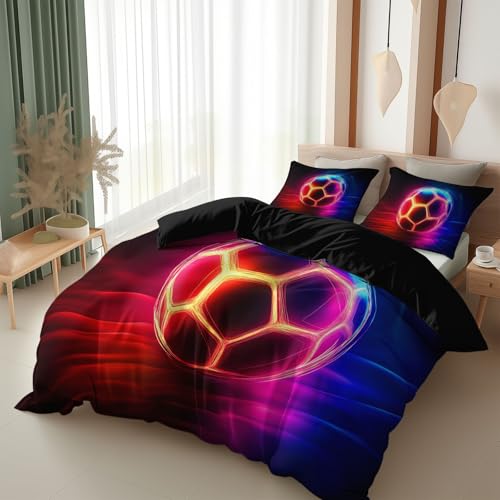Srigzcaly Glowing Neon Surreal Football Bedding, Cot-bed Duvet Covers Set for Kids Girls Boys, Cot-bed Reversible Black Quilt Cover 120 x 150 cm, Brushed Microfibre Soft Easy Care Bedding