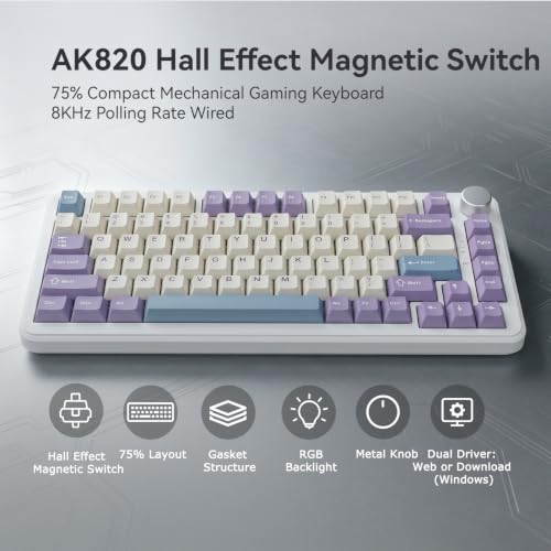 Image of AJAZZ AK820 HE Wired 75% Gaming Keyboard, Hall Effect Magnetic Switch with Rapid Trigger, 8KHz Polling Rate, Gasket Mount, PBT Keycaps, RGB Backlit, Metal Volume Knob for PC /Mac, Purple