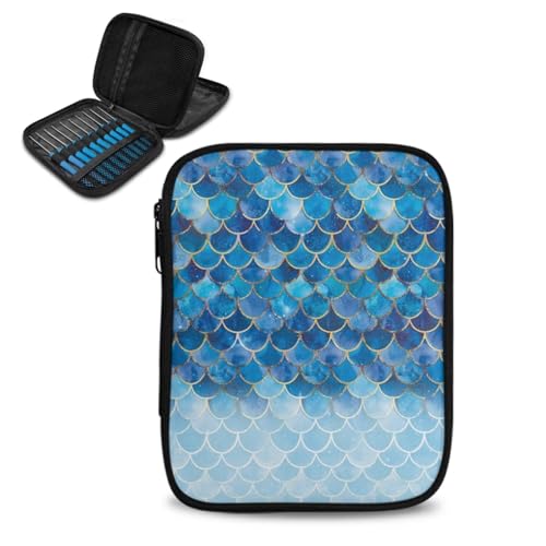 Hechitok Estojo de agulhas de crochê azul com escamas de sereia, bolsa de armazenamento de crochê portátil com bolso de rede e slots de suporte de crochê para carregar várias agulhas de crochê