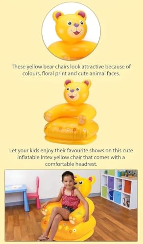 Image of Happy Animal Inflatable Chair for Kids | Portable & Foldable PVC Air Sofa Seat for Toddlers | Cartoon Animal Design Chair for Boys & Girls (Yellow)