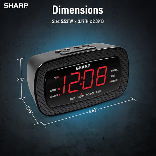 Image of Sharp Shockwave 105dB Super Loud Alarm Clock for Heavy Sleepers, Dual Alarm | Air horn, school bell, train whistle, beep, 3 volume levels, 9-minute snooze, 4-step dimmer, red LED, AA battery backup