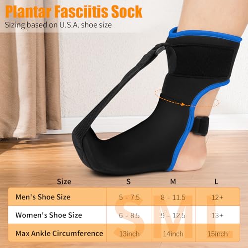 Plantar Fasciitis Night Splint Sock with Hand-Held Massage Tool Upgraded Soft Plantar Fasciitis Brace for Women Men for Achilles Tendonitis Foot Drop Heel Spur Pain Relief Black-Blue (Medium) - Image 6