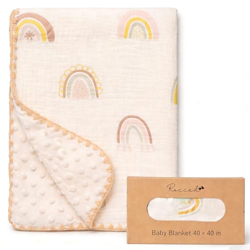 Image of Baby Blanket with Dotted Double Layers Muslin Soft Swaddle Blanket Cotton Neutral Receiving Blankets for Toddler Baby Quilt Throw Blanket Bed Throw Blanket for Newborn Unisex 40x40 Inch-Rainbow