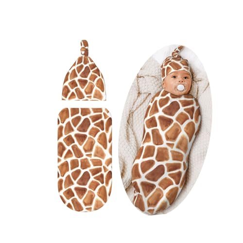 Image of Giraffe Print Baby Stuff Swaddle Blanket Hat Set for Boys Girls, Soft Funny Animal Skin Newborn Swaddle Wrap Receiving Blanket Shower Gift