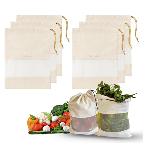 Image of Solitude Set of 6 Cotton Vegetable Bags for Fridge Storage, Reusable Washable Muslin Cloth Produce Bags with Drawstring, Eco Friendly Kitchen Storage Bags for Fruits and Vegetables