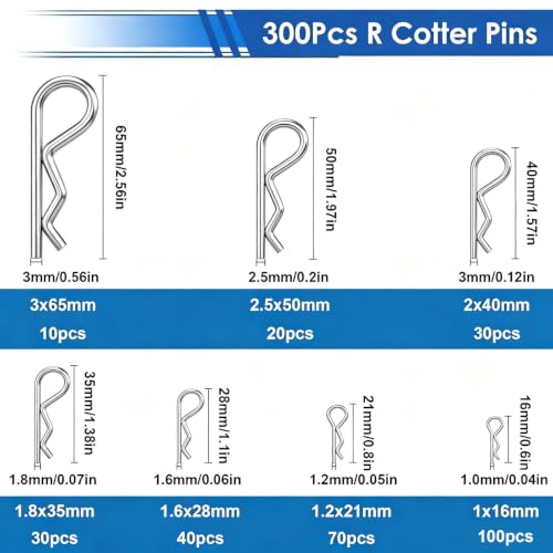 Image of 300Pcs 304 Stainless Steel R Cotter Pins - 7 Sizes Assortment Kit, Heavy-Duty Hitch Lock Pins for Trucks, Trailers, Engines & Farm Equipment