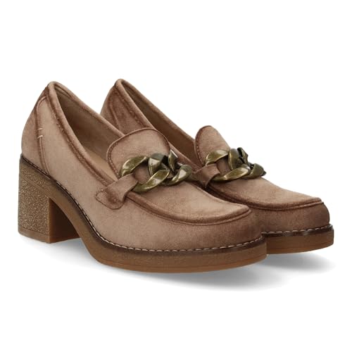 97557 Mocasin de Mujer con Aterciopelado, Tacon Ancho de Altura Media, Cadena Metalica Decorativa, Suela de Goma con Plataforma Ligera. Ideal Otono Invierno. Beige Talla 38