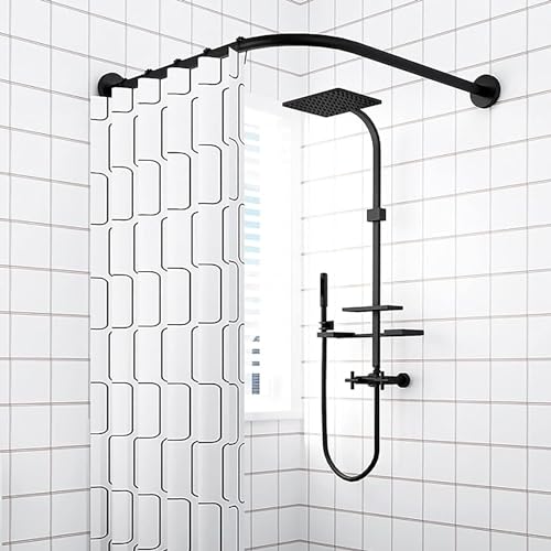 Barre de rideau de douche réglable en L télescopique à tension en acier pour baignoire