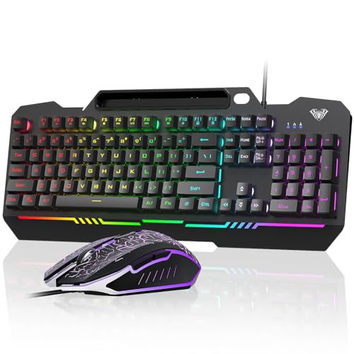 Aula T102 Gaming Keyboard and Mouse Combo | RGB Backlit Membrane Keyboard and Gaming Mouse | Wired Keyboard & Mouse Set for Windows PC Gamers (Black Panel | Black Keycaps)