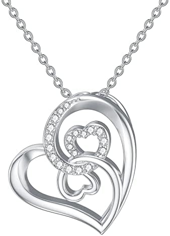 Natural Diamonds Heart Necklace for Women,"Forever Love You" 18K White Gold Plated Silver Double Heart Pendant Jewelry Gifts for Wife, Mom, Girls 18"+2"