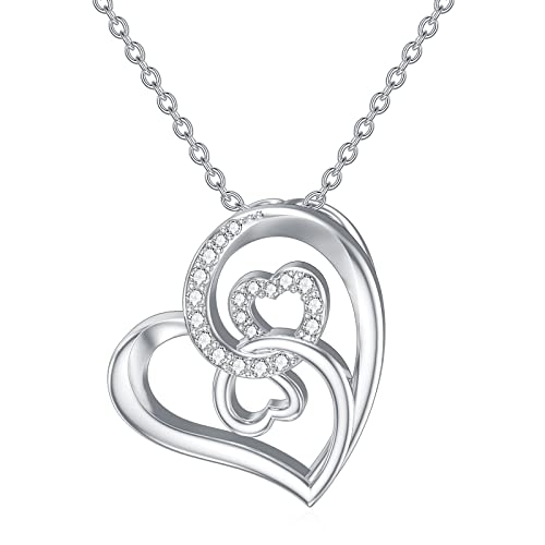 Natural Diamonds Heart Necklace For Women,"Forever Love You" 18K White Gold Plated Silver Double Heart Pendant Jewelry Gifts For Wife, Mom, Girls 18"+2" #TOP1