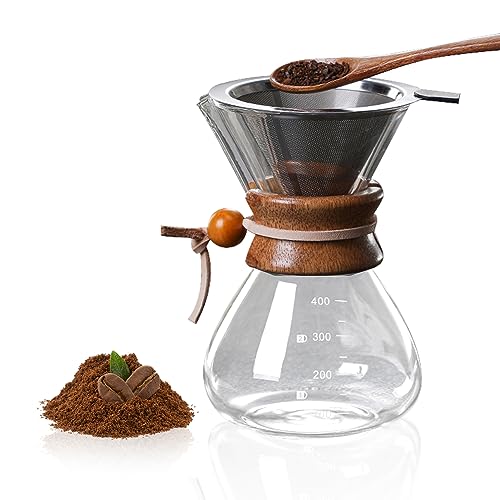 Tissting Cafetera De Goteo Manual 400ML (13.5OZ) Con Filtro De Acero Inoxidable - Cafetera De Vidrio Para Hogar, Filtro Permanente Reutilizable, Diseño Completo, Preparación Perfecta De Café