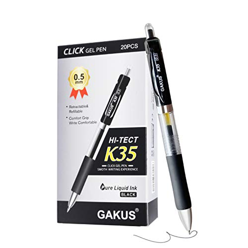 GAKUS Retractable Rolling Ball Gel Pens, Bold Point, Black Ink, 20PCS Etractable Liquid Gel Pen, Smear Free Gel Pens Medium Point (0.5mm), Gel Pens for Women & Men