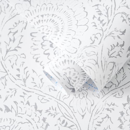 Ismoon Floral Peel and Stick Wallpaper Boho Light Gray Contact Paper Neutral Leaf Wall Paper Textured Self Adhesive Removable Wallpaper for Bedroom Kitchen Renter Friendly Vinyl 17.3 x 78.7