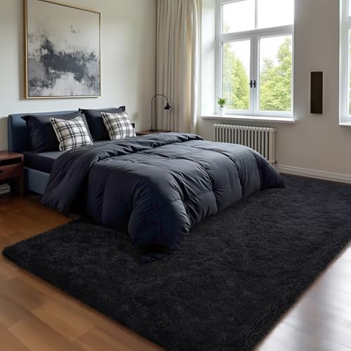 HOMORE Black Rugs for Living Room, 5x8 Area Rugs for Bedroom Fluffy Furry Rug for Kids Room, Large Shaggy Rug for Teen Boys Girls Room, Big Fuzzy Carpet for Dorm Home Decor
