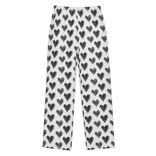 Black White Hearts Long Pajama Pants Elastic Waist PJ Bottoms with Pockets S A1133982