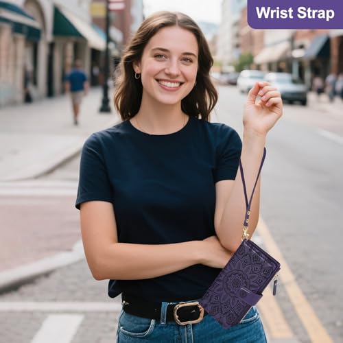 Harryshell 2 in 1 for iPhone 16e 17e Wallet Case Magnetic Compatible with Magsafe RFID Blocking Card Holder Detachable Phone Cover Zipper Purse Kickstand Wrist Strap for Men Women Floral Purple - image 6