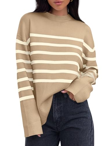 ZESICA Women's Fall Winter Striped Long Sleeve Crew Neck Ribbed Knit Side Slit Oversized Pullover Sweater Jumper Top,Khaki,Large