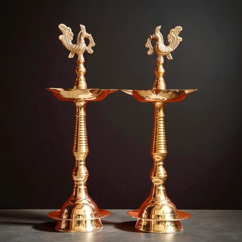 Image of Kerala Brass Samai Diya for Pooja Big Size | 12 Inch Premium Kuthu Vilakku Peacock Design | Panchmukhi Lamp for Home, Office Temple & Festive Gifting | Pack of 2, 625gm Each