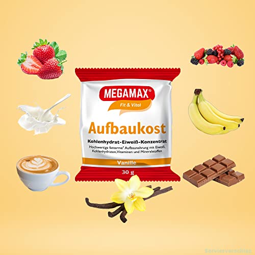 MEGAMAX Aufbaukost in 4 verschiedenen Geschmacksrichtungen. Ideal zur Kräftigung und bei Untergewicht. Pulver zur einfachen Zubereitung eines fettarmen Kohlenhydrat-Eiweiß-Getränkes.