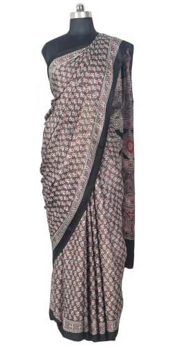 Image of Ethnics of Kutch Womenss Ajrakh Modal Silk Natural Dye Hand Block Print Saree with Blouse Piece - 5.5 Mtr Length