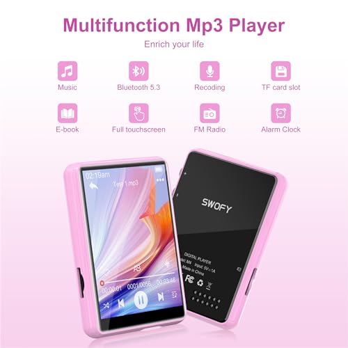 Image of SWOFY 64GB MP3 Player with Bluetooth 5.3, 2.4-Inch Full Touch Screen, Portable Lossless Sound Music Player with HD Speaker, MP3 with FM Radio Recording e-Book, Record, Earphone Included-Pink