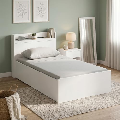 Image of DELITE KOM Single Bed with Box Storage & Headboard Shelf Storage, Cherry Engineered Wood Bed, Frosty White, 83x37 Inches, 1 Year Warranty, Installation Included