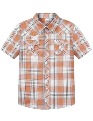 Image of COSLAND Boy's Toddler Cotton Western Short Sleeve Button Down Plaid Shirt, 4-14 Years