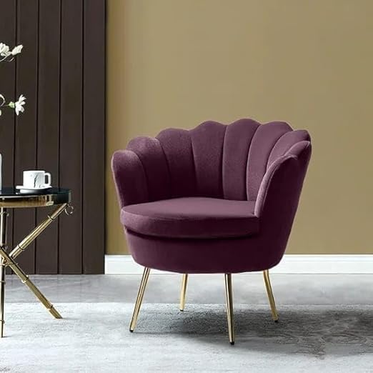 Image of Wooden Velvet Shell Accent Chair, Upholstery, Gold Metal Legs, Channel Tufted Design, Barrel Chair for Living Room, Drawing Room, Bedroom, & Office (Purple)