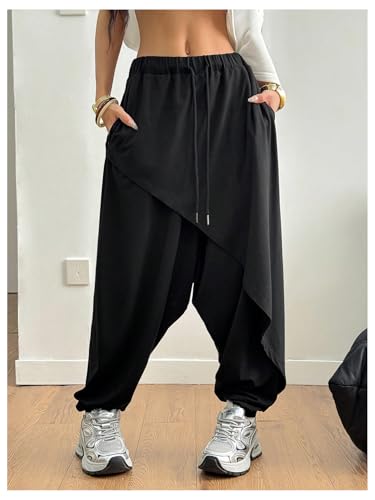 Women's Drawstring Waist Joggers Sweatpants Asymmetrical Multi Pleat Crotch Hippop Pants Streetwear4