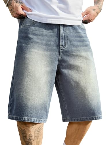 Image of PLEPAN Mens Super Baggy Jean Shorts 12 inch Vintage Loose Fit Wide Leg Long Jorts Y2K Streetwear Below Knee Denim Shorts