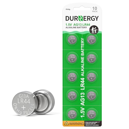 DURNERGY LR44 Batteries 10 Pack AG13 Button Cell Battery 1.5 Volt Battery L1154F SR44 AG13 Watch Batterie A76 1.5V Alkaline Batteries