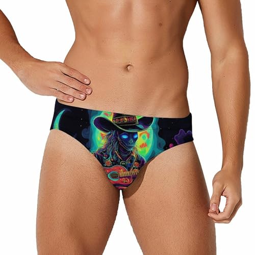 Psychedelic Aliens Playing Guitar Printed Swim Briefs for Men Sexy Bikini Swimwear Elastic Beach Trunks Bathing Suit