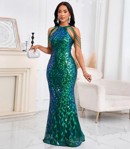 Image of Cololura Women Sexy Elegant Sequin Tassel Off Shoulder Halter Bodycon Maxi Dress Party Evening Gown Formal Dress