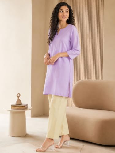Image of SAADAA Airy Linen Mid Thigh Length Kurta for Women | Stylish Split Neck, 3 /4 Sleeves & Side Pockets | Comfortable Everyday Wear Kurta | Breathable Fabric |