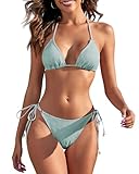 ZAFUL Women's Triangle Crochet String Bikini Sets Halter High Cut Sexy Swimsuits Two Piece Bathing Suits Green