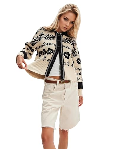 MISSACTIVER Floral Print Button Down Cardigan Sweaters for Women Long Sleeve V Neck Open Front Knit Crop Tops Fall Jacket