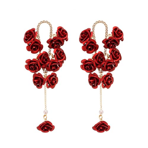 TTPSRY Pendientes Largos Rosas Cascada Cristales Brillantes Aretes Colgantes Elegantes Joyas Femeninas