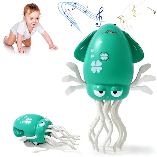 Image of CrySPKaine Dancing Octopus Baby Toy with Clip-On Fishing Rod – Electric Crawling Squid with Music & Lights, USB Rechargeable Obstacle Avoidance Baby Crawling Toy (Green, S)